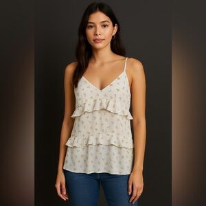 FOREVER 21 Floral Ruffle Camisole Tank Top White Yellow Women’s Size Medium